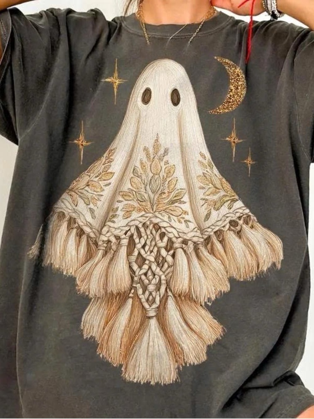 Comfort Colors Charcoal Tee with Cream and Gold Ghost Graphic